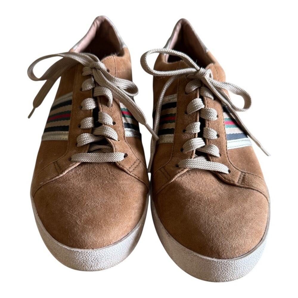 Linea Paolo Tan Suede Striped Low Top Sneakers Brown Suede Gold Heel 9M